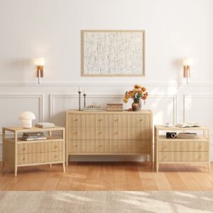 Stria Natural Fluted 6-Drawer Dresser & 2 Wide Nightstands Set