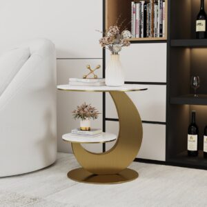 2-Tier White & Gold Side Table, Sintered Stone End Table for Living Room (19.7")