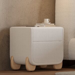 Curva Smart Boucle Nightstand with Wood Legs 2-Drawer Bedside Table in White