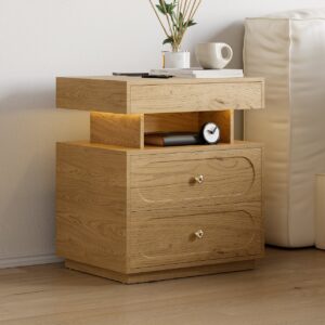 Modern Smart Nightstand with Light 2 Drawer Bedside Table with Charging Station Set of 2