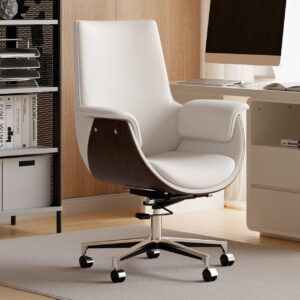 Warm White Leather Modern Home Office Chair Upholstered High Back Desk Chair Wood Grain Frame