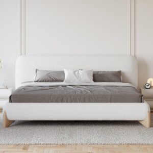 Modern White Boucle Platform Bed Cal King Size Bed Frame with Upholstered Headboard with Natural Wood Legs