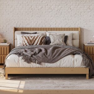 Modern Natural Queen Size Solid Wood Bed with Boucle Headboard Pillows