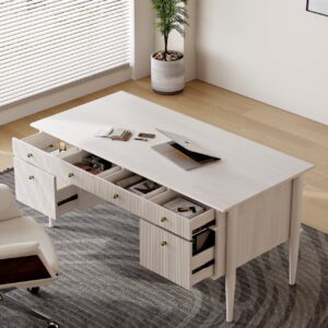 Modern Solid Wood Home Office Desk with 6 Drawers Whitewash Executive Writing Desk (64")