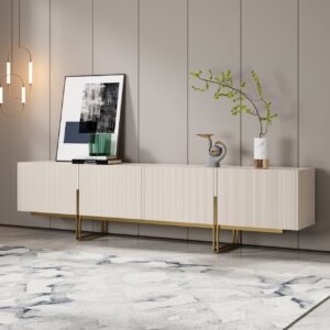 Grovyn 95 inch ribbed TV stand with sintered stone top and storage space