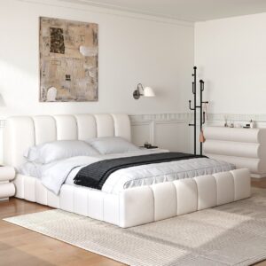 Bedroom Set Wingback King Bed Frame with Headboard & White Leather 6-Drawer Dresser Chest