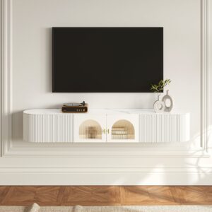 Modern White Floating Media Console Wall-Mounted TV Stand with Storage Sintered Stone Top for 1800 TV
