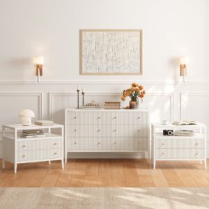 Stria White Fluted 6-Drawer Dresser & 2 Wide Nightstands Set