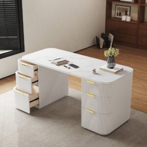 Modern White Ash Wood & Sintered Stone Oval Desk with 6 Drawers (1620mm)