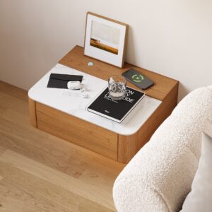 Floating Cherry Nightstand with Light & Charging Station & Sintered Stone Top Set of 2