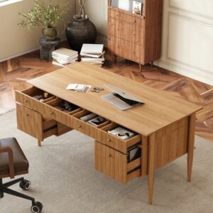 Mid-Century Solid Wood Home Office Desk with 6 Drawers Natural Executive Writing Desk (64")