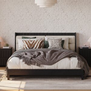 Modern Walnut King Size Solid Wood Bed with Boucle Headboard Pillows