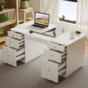 Adjustable Height Desk with 6 Drawers, Wireless Charging & Power Outlet - French Style Cream White Computer Desk for Home Office