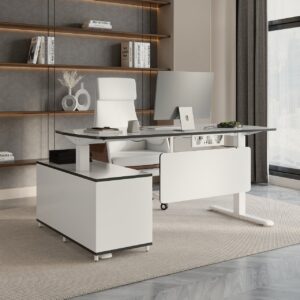 Modern White L-Desk Height Adjustable Electric Standing Desk & Leather Office Desk Chair