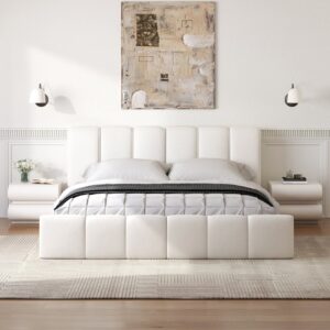 Bedroom Set Wingback King Size Bed Frame with Headboard & 2 White Leather Smart Nightstands Set