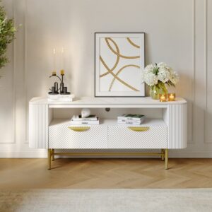 1300mm Small TV Stand with Sintered Stone Top White Media Console with Storage