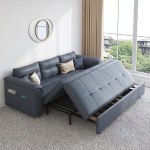 Pull-Out Queen Sofa Bed with Storage, 2-Seater Leath-Aire Deep Gray Sleeper Sofa (74")