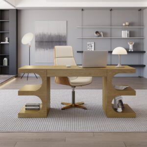 Natural Office Writing Desk  Desk with Drawer & Shelves Modern Office Furniture (64.2")