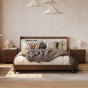 Modern Solid Wood King Upholstered Bed & 2 Drawer Ash Wood Nightstand Set with with Faux Travertine Top