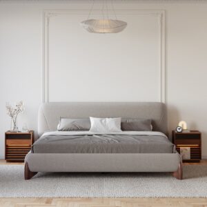 Curva Modern Grey Cotton & Linen Platform Bed King Size Bed Frame with Upholstered Headboard & 2 Nightstands Set