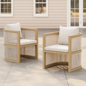 Wevara 2 Pieces Modern Aluminum & Ropes Outdoor Patio Dining Chair Set in Walnut & Oatmeal