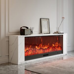 70.9" Electric Fireplace TV Stand, Modern Marble Media Console in White