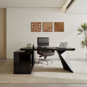 Set Black L-Shape Executive Desk Right Hand Reclining Leather Office Desk Chair (1800m)