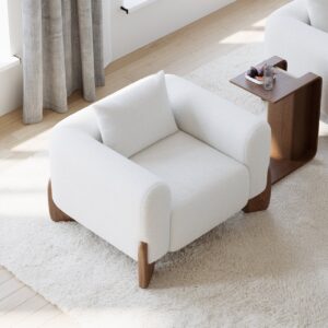 Curva White Boucle Accent Chair, Modern Wood Frame Armchair for Living Room