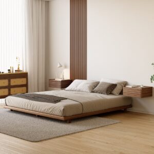 Japanese Style King Floor Wood Bed in Walnut