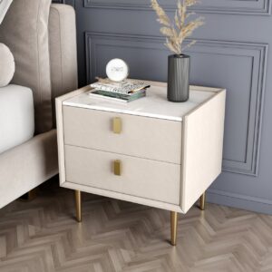 PU Leather 2-Drawer Nightstand with Gold Legs