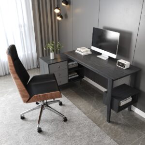 Modern Office Desk Set Gray L Shaped Reversible Desk with Faux Leather Chair