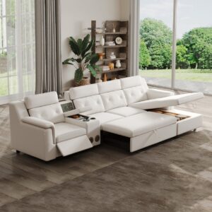 3420mm White Power Reclining Sectional Sofa Pull Out Bed Cup Holder & Speaker & Storage