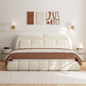 Modern White Boucle Upholstered Platform Bubble King Bed Frame