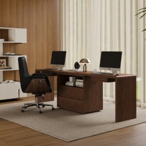 Modern 94" Rectangular Brown Desk with Drawers for 2
