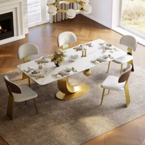 1810mm White Rectangular Dining Table Modern Faux Marble Tabletop with Pedestal Base