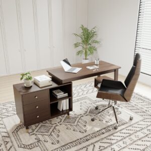 L Shaped Desk and Chair Set Walnut Home Office Desk with Faux Leather Swivel Chair