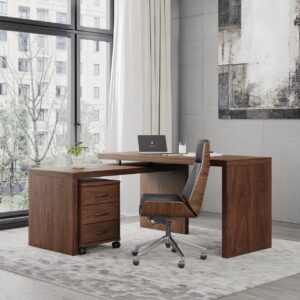 Modern L Shaped Executive Office Desk with with Movable File Cabinet Walnut Swivel Desk Office Furniture (59.8" )