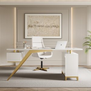 Hungled 71" Modern White Computer Desk with Gold Legs, Storage & 1 Cabinet