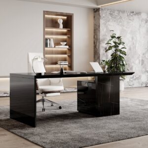 Modern Glossy Black Wooden Home Office Desk with Movable File Cabinet Office Furniture (59.8")