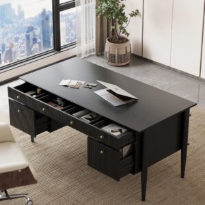 Mid-Century Solid Wood Home Office Desk with 6 Drawers Black Executive Writing Desk (64")