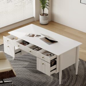 Modern Solid Wood Home Office Desk with 6 Drawers White Executive Writing Desk (64")
