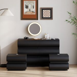 Bedroom Set 2 Black Leather Smart Nightstands & Leather 6-Drawer Dresser Chest Set