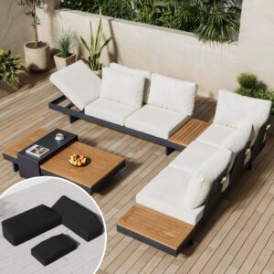 Tevara 4-Piece Outdoor Teak & Aluminum Modular Sofa Set for 6 in Ivory with Black Cover
