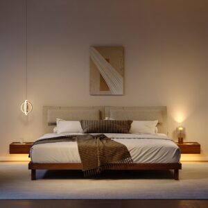 Queen Size Linen Bed with Floating Nightstands Bedroom Set