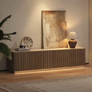 Aura 2130mm Ash Wood Slatted Natural TV Stand with Sintered Stone Top