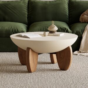 Concrete Round Coffee Table with Ash Wood Legs, Modern Beige Table for Living Room (29.9'')