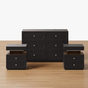 Krila Black 6-Drawer Dresser & 2 Smart Nightstands Set