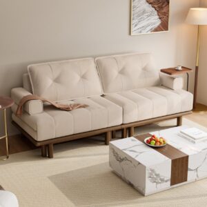 Queen 3-Seater Performance Leather Sofa Bed 79" Convertible Futon Bed with Side Table
