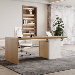 Modern White & Natural Wooden Home Office Desk with Movable File Cabinet Office Furniture (59.8")