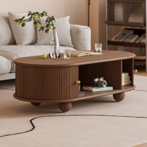 Solid Ash Wood Oval Coffee Table, Walnut Modern Table with Storage for Living Room (47.2")